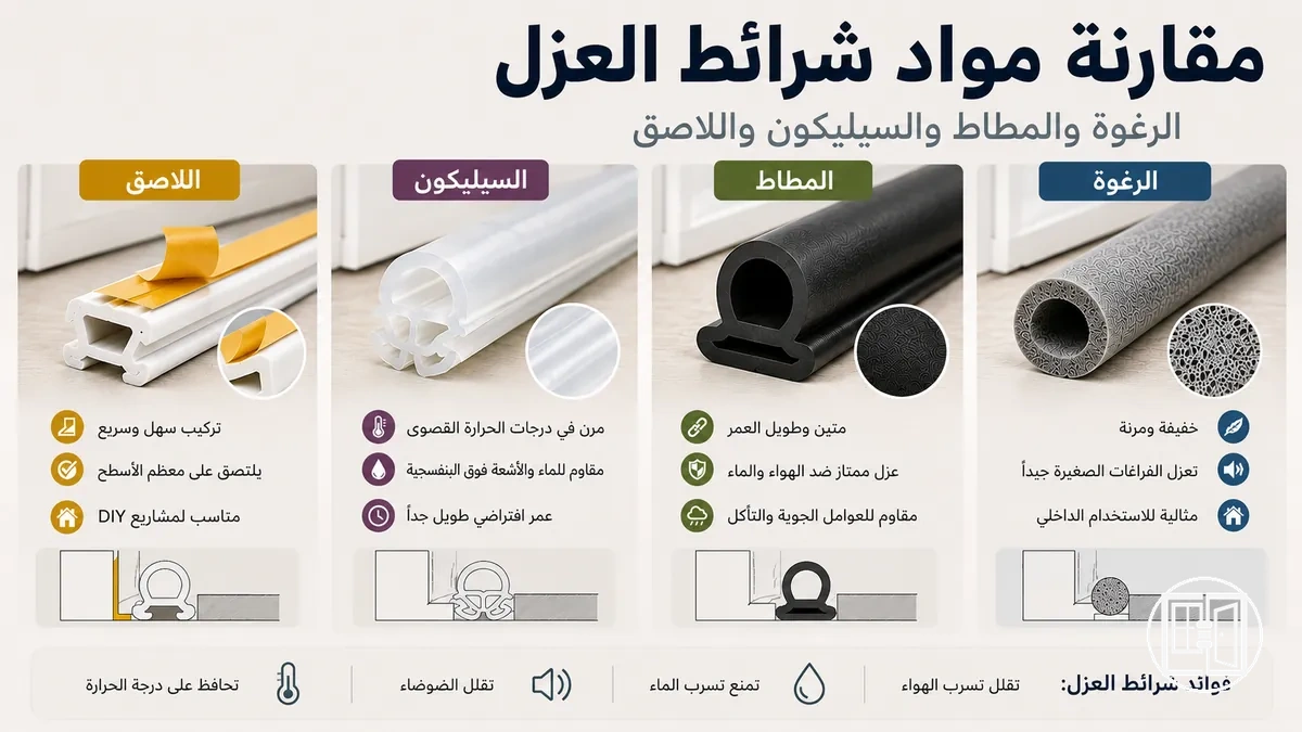 مقارنة مواد شرائط العزل مثل الرغوة والمطاط والسيليكون والمواد اللاصقة