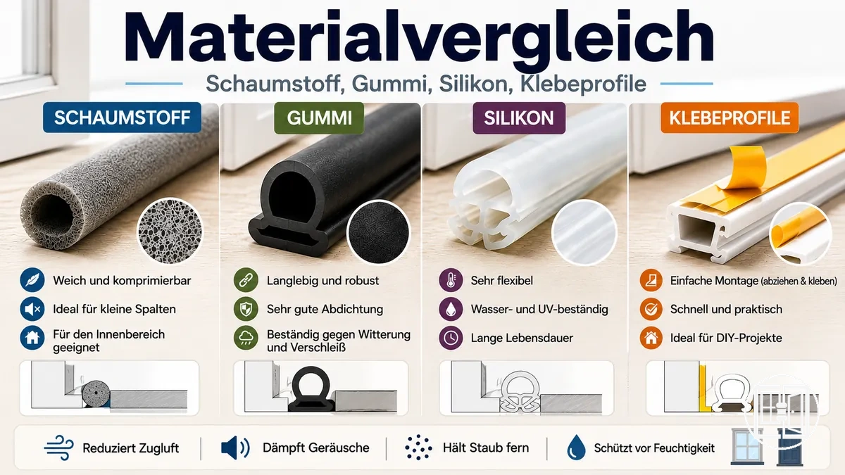 Vergleich von Materialien für Fenster- und Türdichtungen wie Schaumstoff, Gummi, Silikon und Klebelösungen