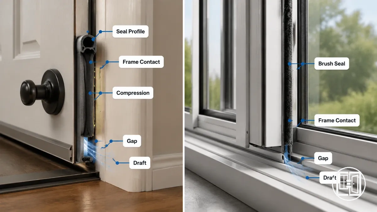 Diagramm, das zeigt, wie Dichtung gegen Tür- und Fensterrahmen drückt, um Zugluft durch Spalte zu reduzieren