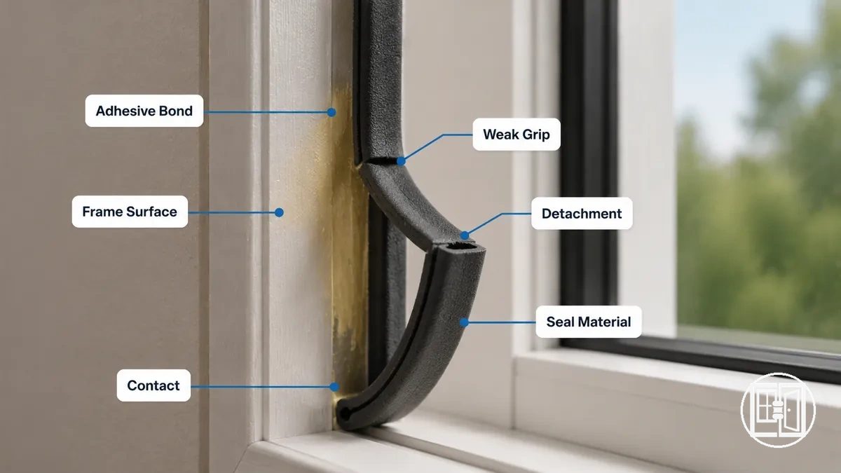 Adhesive failure on weather stripping seal showing lifted backing and frame contact point