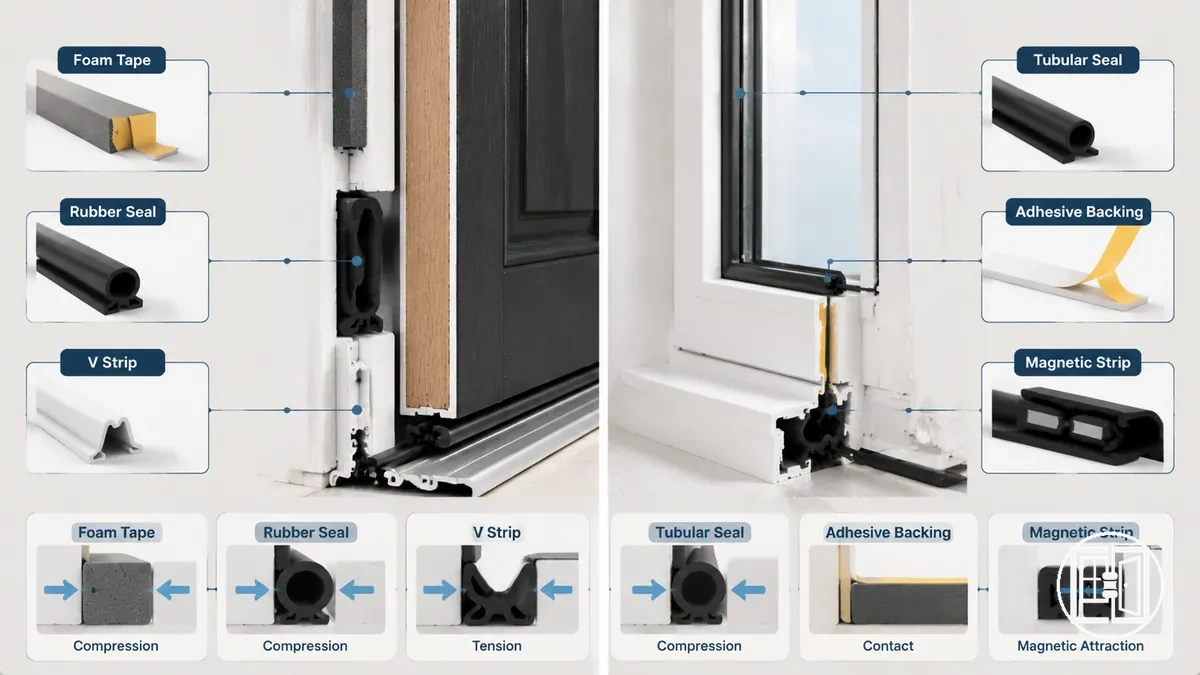 Main weather stripping types and seal profiles comparison for doors and windows showing foam, rubber, V-strip and magnetic forms