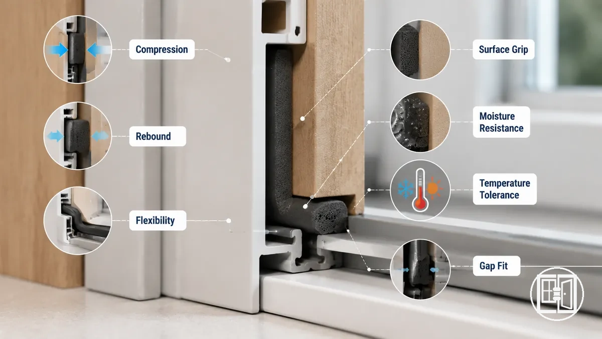 Weather stripping material properties comparison showing compression, rebound, and fit behavior on door and window frames