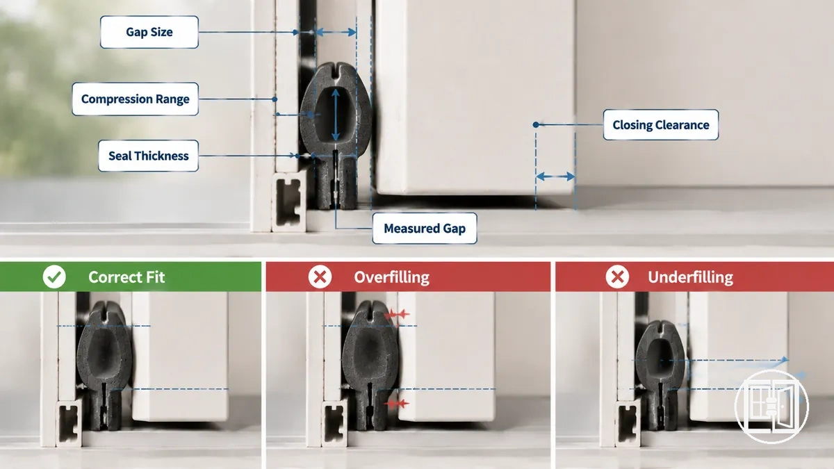 gap size and compression range for a proper seal fit shown with labelled weather stripping fit condition