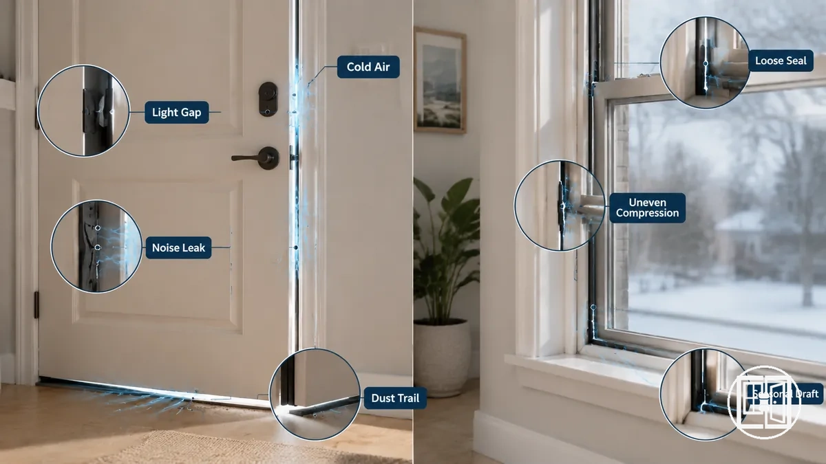 Weather stripping leak symptoms around a door and window frame with light gap and loose seal labels