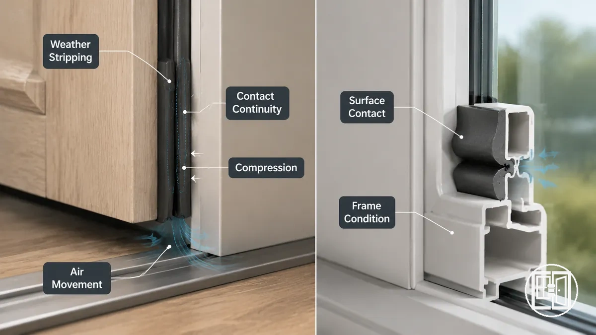 Weather stripping performance showing seal contact and air movement reduction at door and window edges