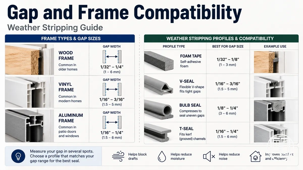 Window and door weather stripping compatibility with different frame types and gap sizes