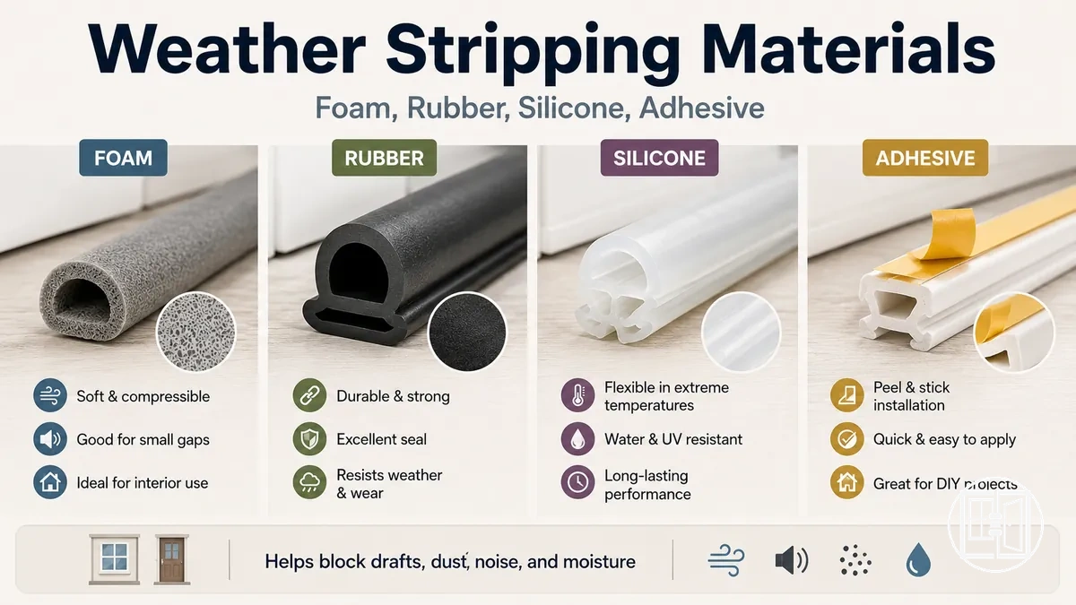 Weather stripping materials comparison showing foam, rubber, silicone and adhesive seal options for doors and windows