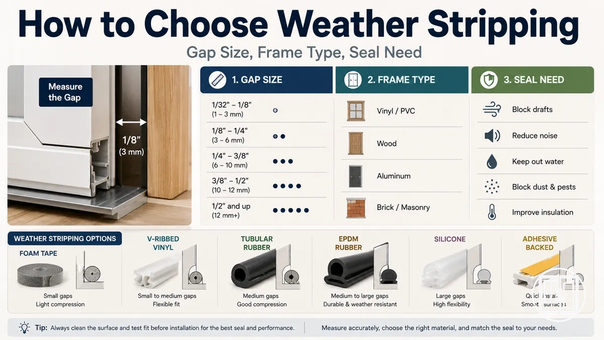 Choosing window and door weather stripping based on gap size, frame type and sealing requirements