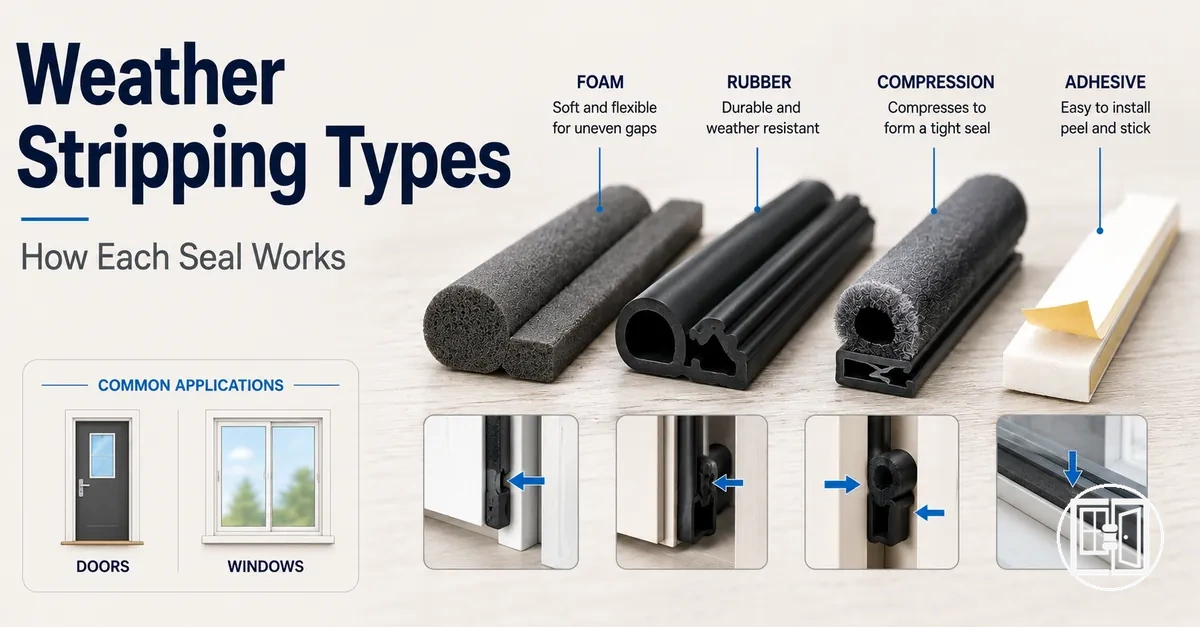 Types of window and door weather stripping seals showing foam, rubber, compression and adhesive profiles