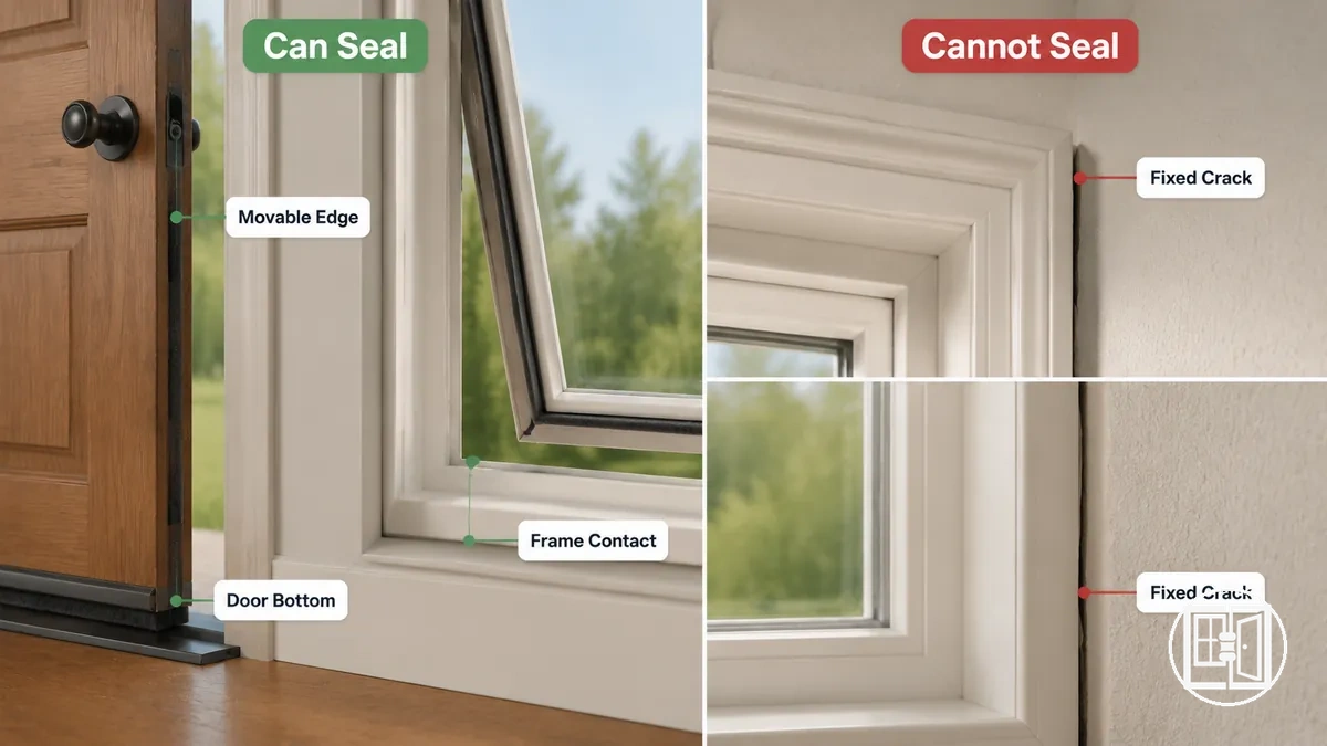Comparación que muestra burletes en bordes móviles de puertas y ventanas frente a grietas fijas y huecos de molduras