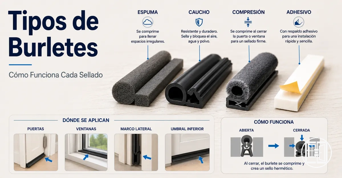 Tipos de burletes para puertas y ventanas con perfiles de espuma, goma, compresión y adhesivos