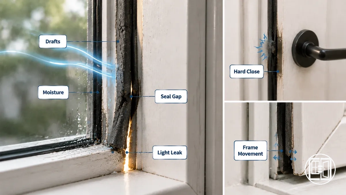 Signes de courants d'air et d'humidité causés par un calfeutrage de porte ou de fenêtre défaillant