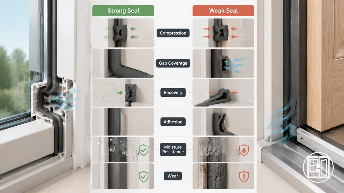 Critères de performance des joints de calfeutrage montrant la compression du joint et les différences d’étanchéité à l’air au niveau des interstices
