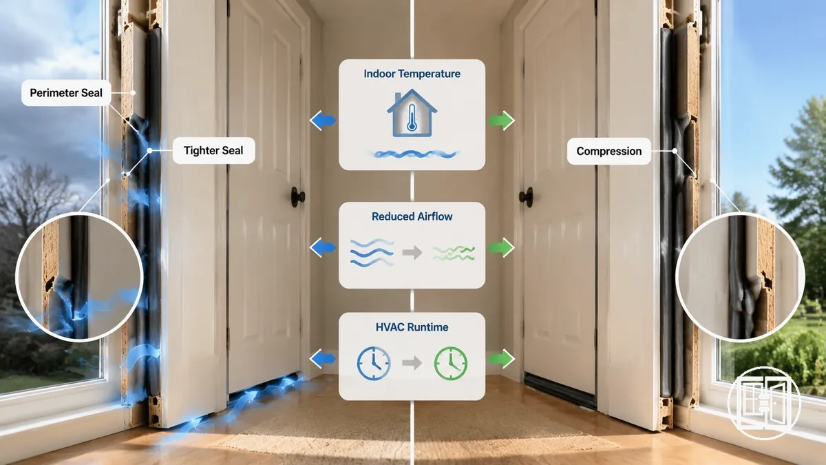 Diagramme annoté montrant un joint de calfeutrage plus étanche réduisant le flux d air autour d une porte ou fenêtre fermée