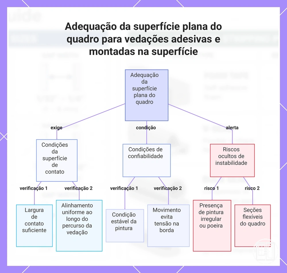Adequação da superfície plana do quadro para vedações adesivas e montadas na superfície