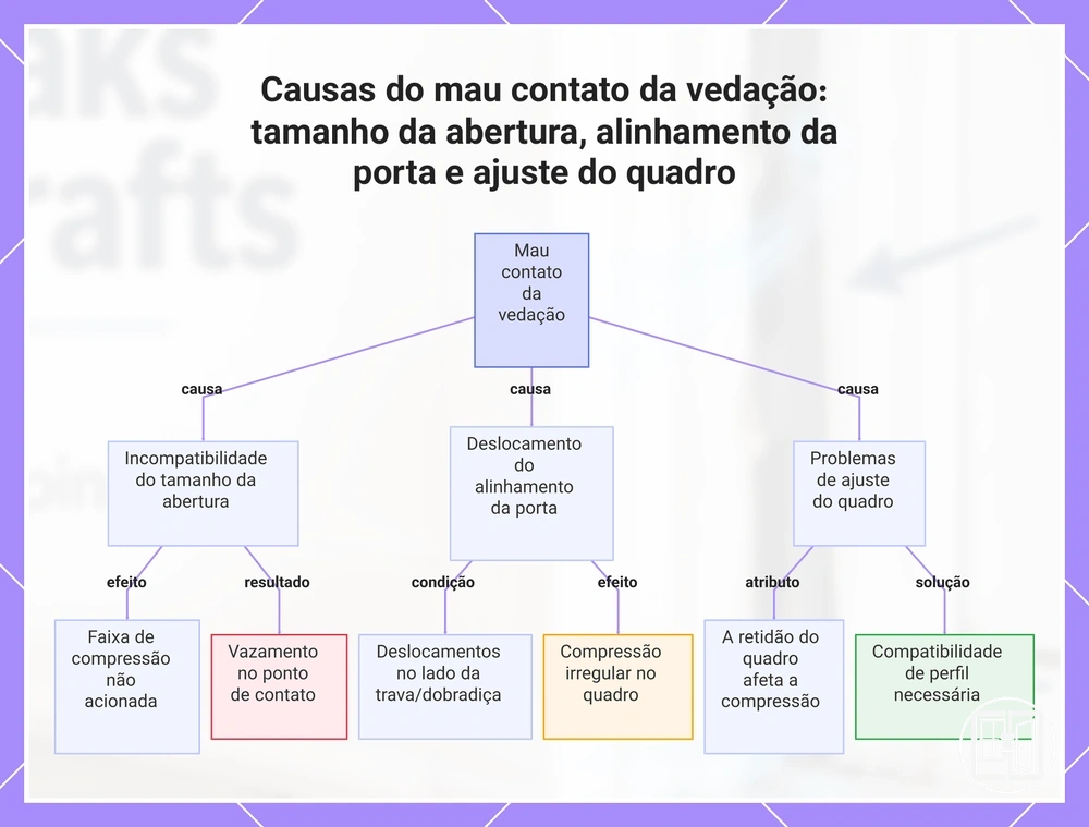 Causas do mau contato da vedação: tamanho da abertura, alinhamento da porta e ajuste do quadro