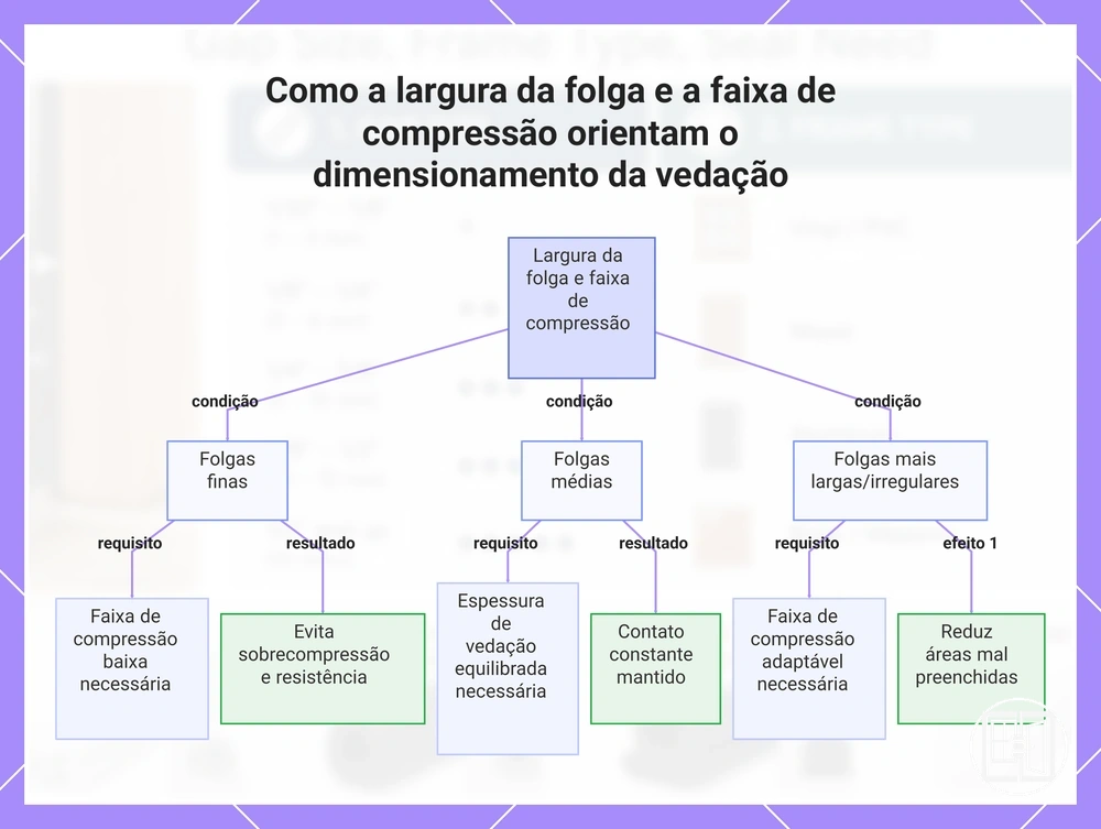 Como a largura da folga e a faixa de compressão orientam o dimensionamento da vedação
