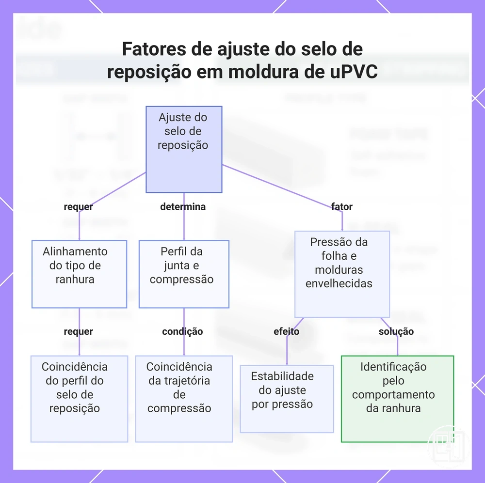 Fatores de ajuste do selo de reposição em moldura de uPVC