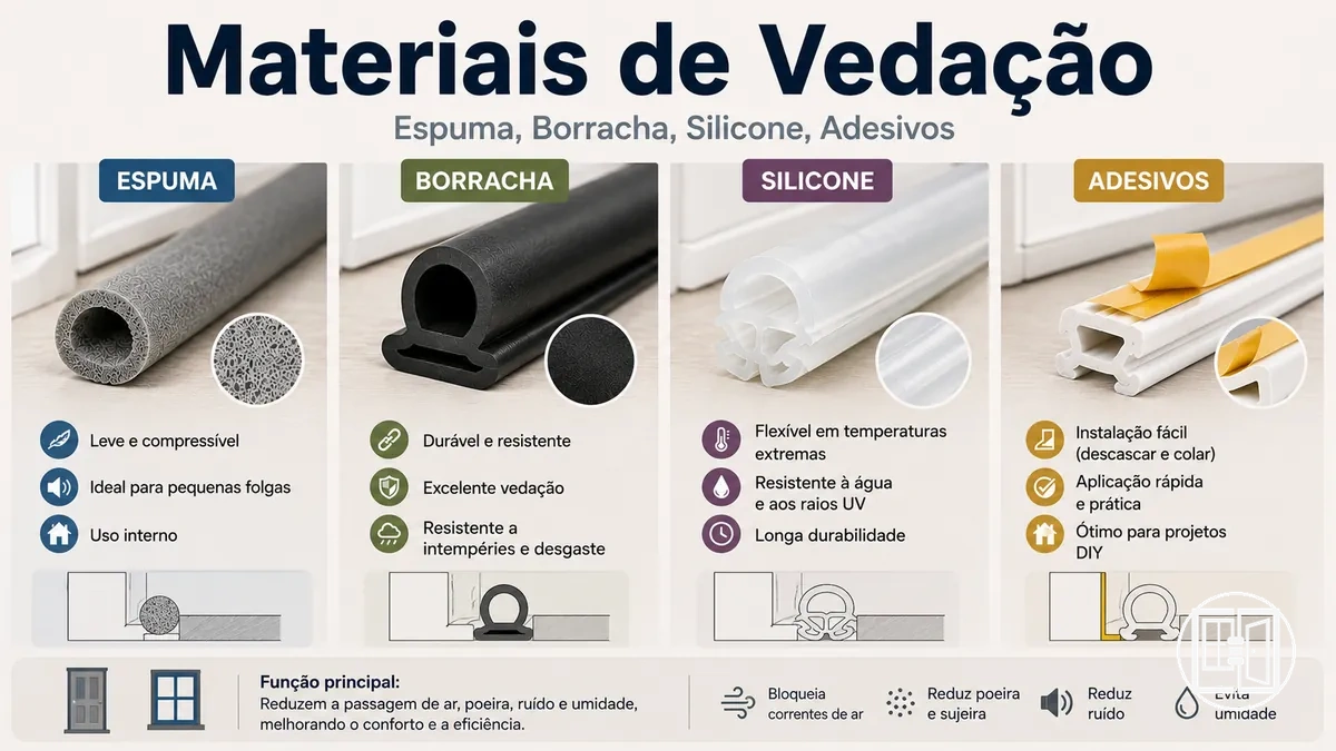 Comparação de materiais de vedação para portas e janelas incluindo espuma, borracha, silicone e adesivos